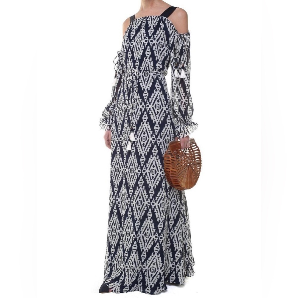 NWT Tory Burch Dress Katherine Cold Shoulder Printed Plissé Maxi‎ Sz Xs
